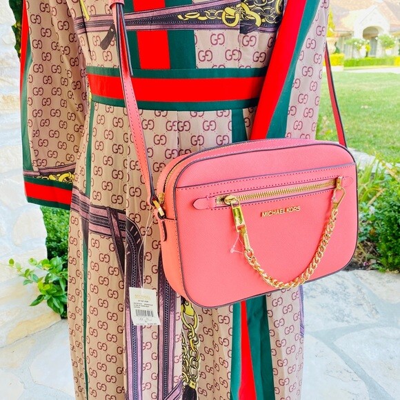 MICHAEL KORS JET SET LARGE ZIP CHAIN CROSSBODY BAG TOTE GRAPEFRUIT