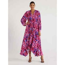 Scoop Pleated Handkerchief Hem Dress Women Polyester Floral, Size Large (12-14)
