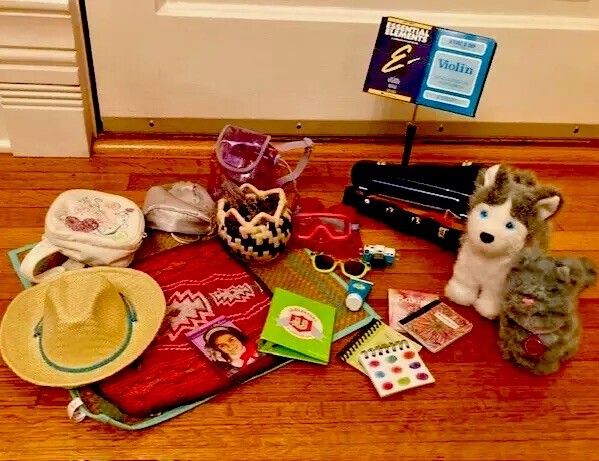 mixed American Girl accesssories lot violin stand books dog cat bags fins camera