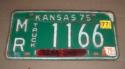 1975 w/ 77, 79 sticker Kansas Farm Truck License Tag Plate MR 1166 Morris County