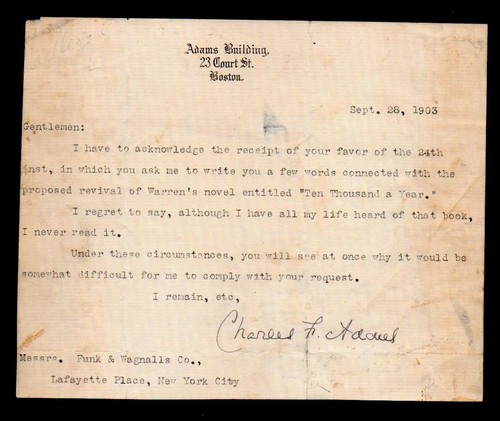 1903 Boston - Charles Francis Adams Jr. 1835 - 1915 - getippter Brief signiert SELTEN