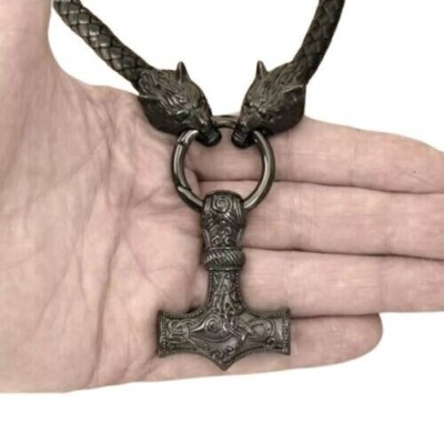 Herren Silber Edelstahl Nordisch Wikinger Wolf & Thor Hammer Anhänger Halskette