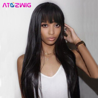 Long Straight Wig With Bangs Black Wigs Synthetic Hair Natural