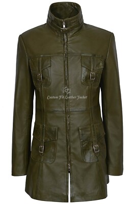 MISTRESS' Damen Leder Olivgrün Napa Mittellanger Mantel Freizeit Mode 1310