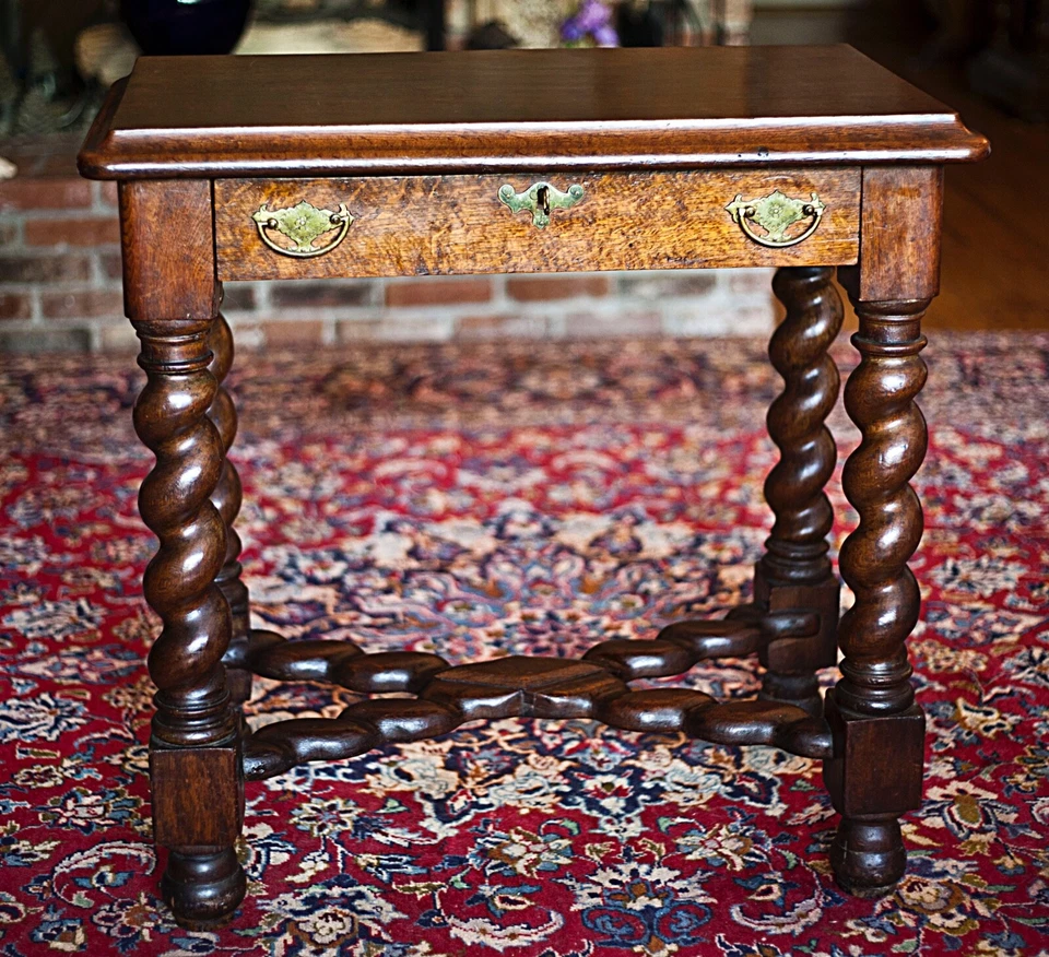 Antique French Desk One Drawer Table Renaissance Revival Barley Twist Oak - Image 2 of 4