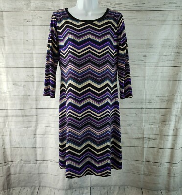 Eliza J Womens Shift Dress Sz 10P Purple Black Chevron Stripe 3/4 Sleeve