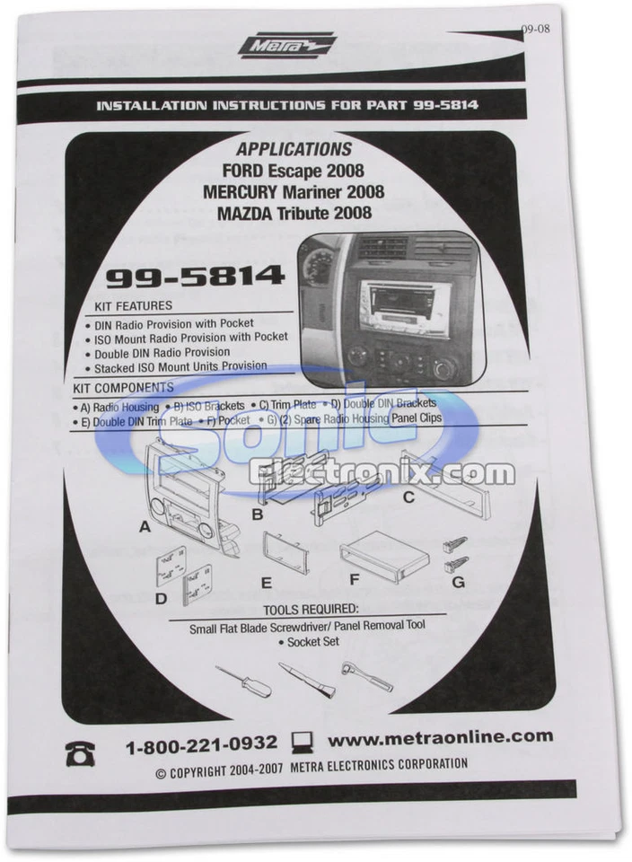 Kit de tablero de instalación DIN simple/doble Metra 99-5814S para Ford/Mercury/Mazda 2008-12 Foto 2 de 3