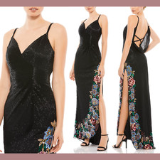 NWT Mac Duggal 4 Ultra High Slit Floral Beaded V Neck Gown in Black G1444