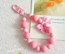 Vibrant Pink Bead Key Chain with Bow for Phone, Keys, Ear Buds Ect