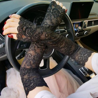 Lace Floral Fingerless Arm Sleeve Long Summer Driving UV Protection Gloves