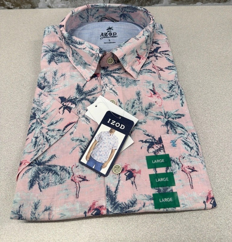 IZOD Saltwater  Button Down Shirt Pink Flamingo Palm Tree Print Mens L NWT