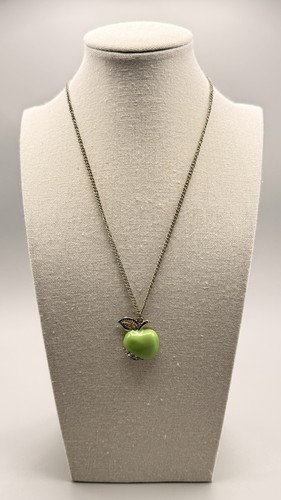 Ann Taylor Green Enamel Apple Pendant Necklace Rhinestones 18”