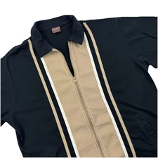 Vintage Retro Zip Polo Shirt Black Tan Vertical Stripe Bowling Style Men’s M