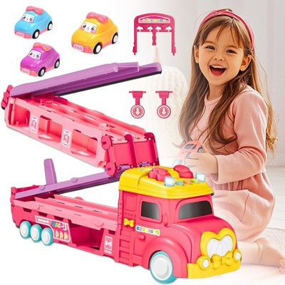 Pink Carrier Car Toy mit Lichtern & Sounds,Transport Truck Spielzeugautos Set