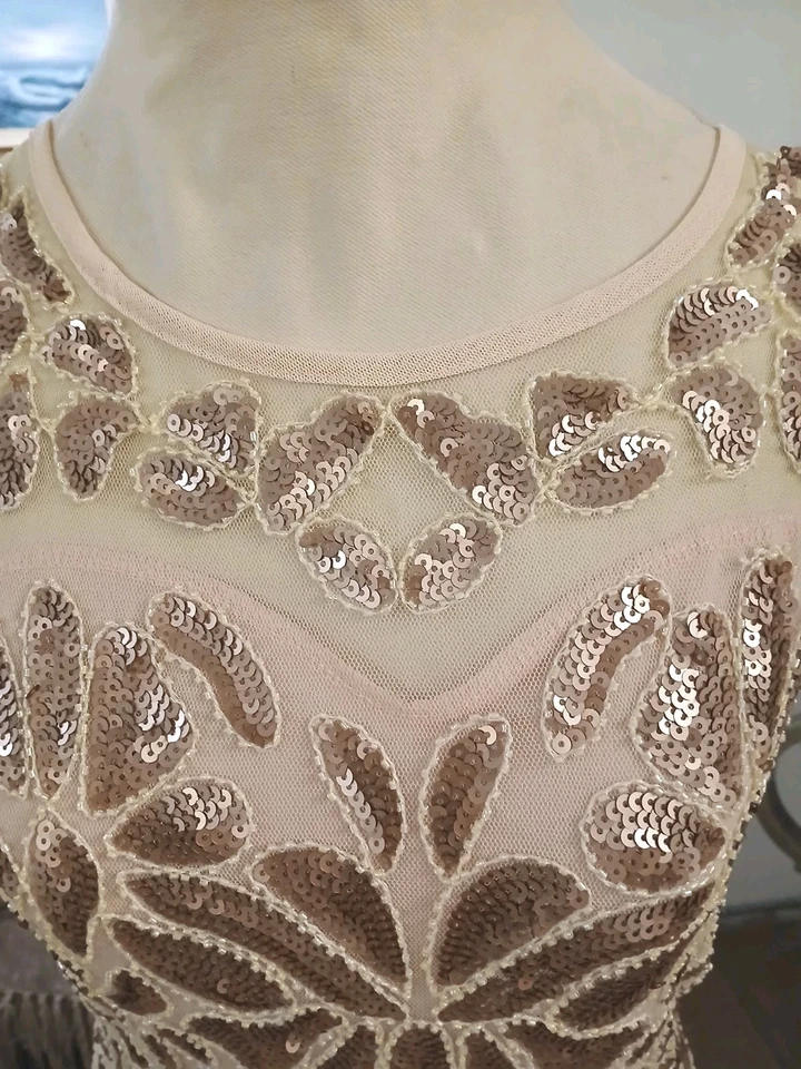 Vestido Formal Estilo Gatsby Años 20 Alta Costura Lentejuelas L Melocotón Largo Baile de graduación Vacaciones Foto 4 de 4