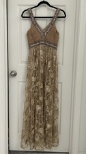 Beige Gold Sleeveless Embellished Floral Formal Gown V-Neck Dress