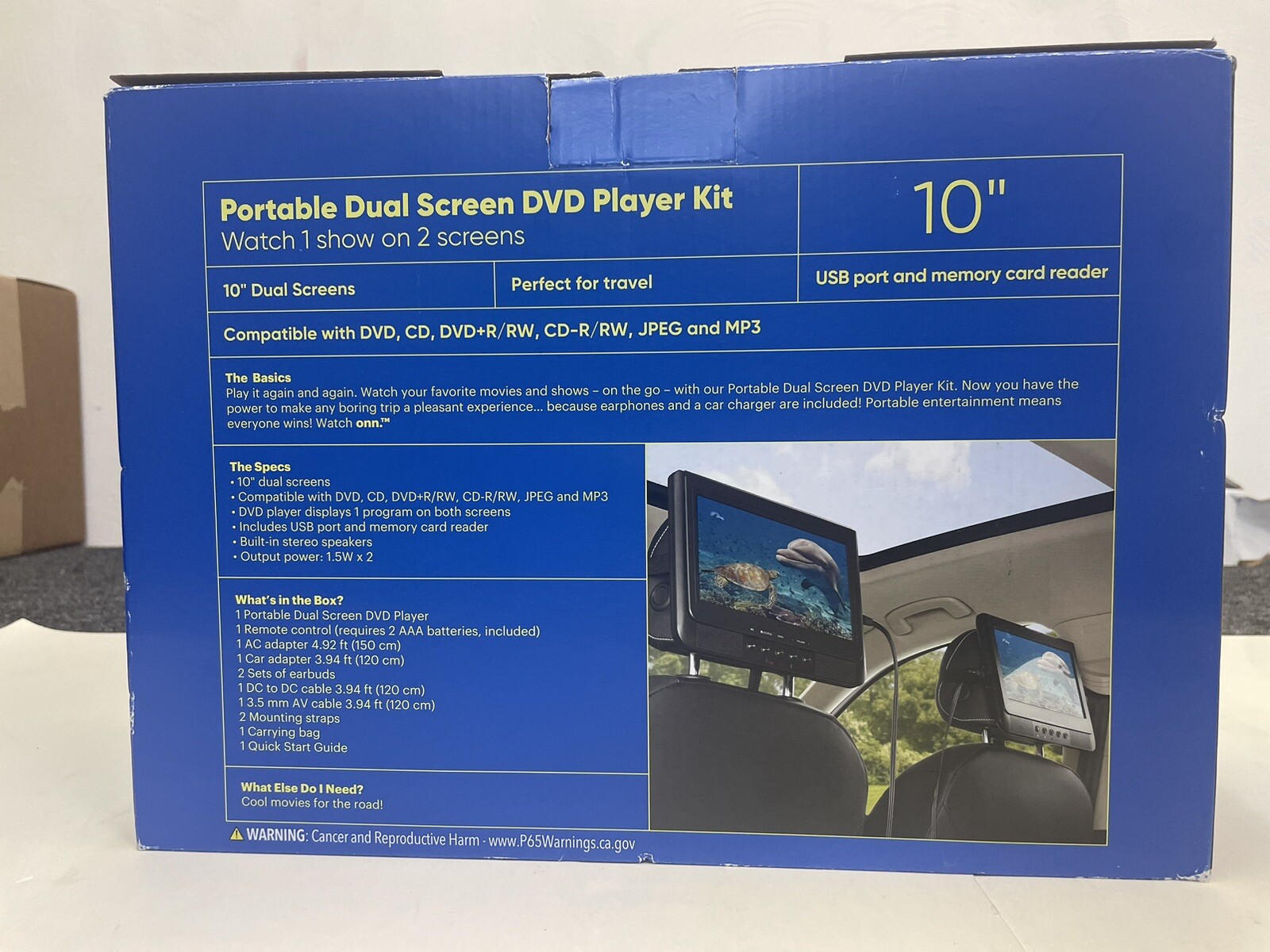 Onn. 10" Portable Dual Screen DVD Player Kit - 1 Show on 2 Screens - Black