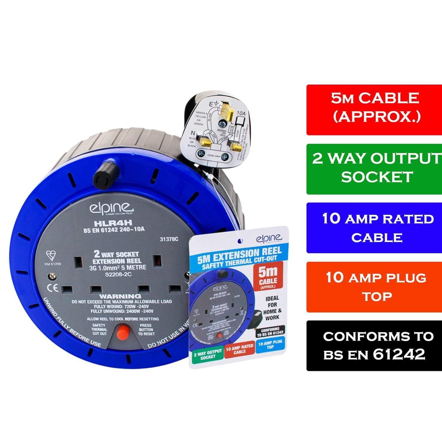 5m Extension Cable Reel 2 Way Socket For Indoor/Outdoor Use Electric