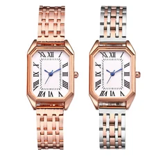 Women Dress Watch Rectangle Roman Numeral Dial Stainless Steel Quartz Wristwatch