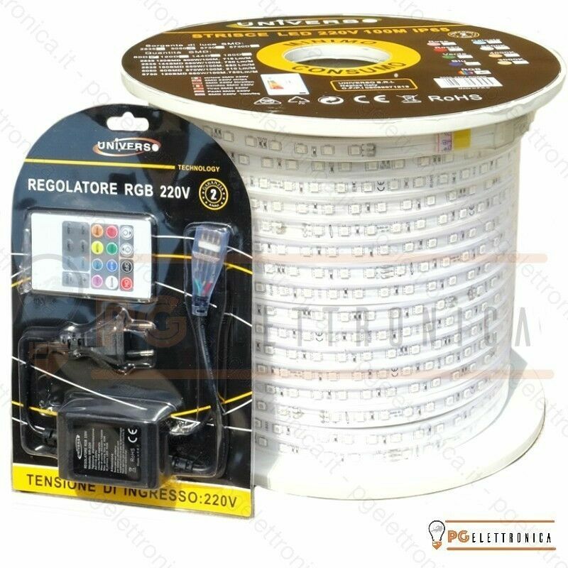 STRISCIA LED RGB SMD 5050 STRIP 220V BOBINA BIANCA TUBO ESTERNO INTERNO 1 A 100M