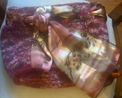 Vintage Felted Wool Boho Pink Purple Bag Purse Scarf Tie 13  Wide Shabby Soft