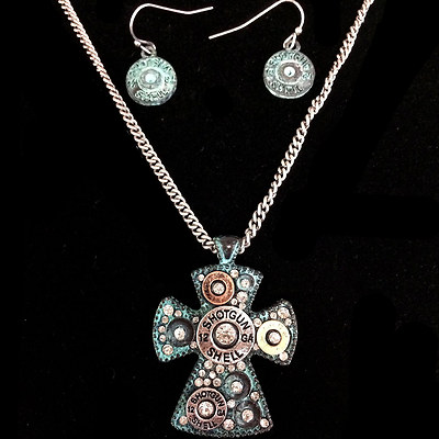 Western 12 Gauge Shotgun Bullet Cross Patina Pendant Chain Necklace Earrings Set