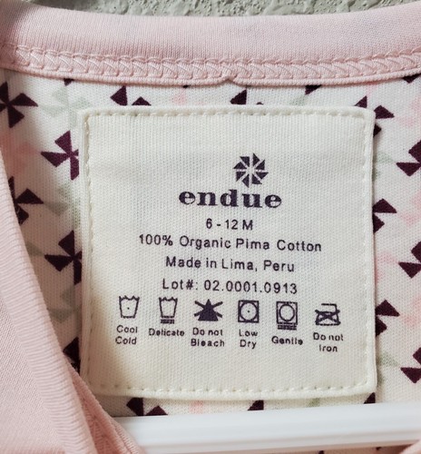 Body intero nuovo con etichette bambino 6-12 mesi rosa 100% cotone biologico Pima endue Perù - Foto 7 di 10