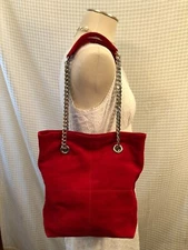 DOC Shoulder Tote, Red Suede, Italian Made with Silver Tone Hardware