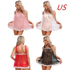 Women's Lace Sheer Lingerie Sexy Mesh Nightwear Sleepshirt See Through Tank Tops