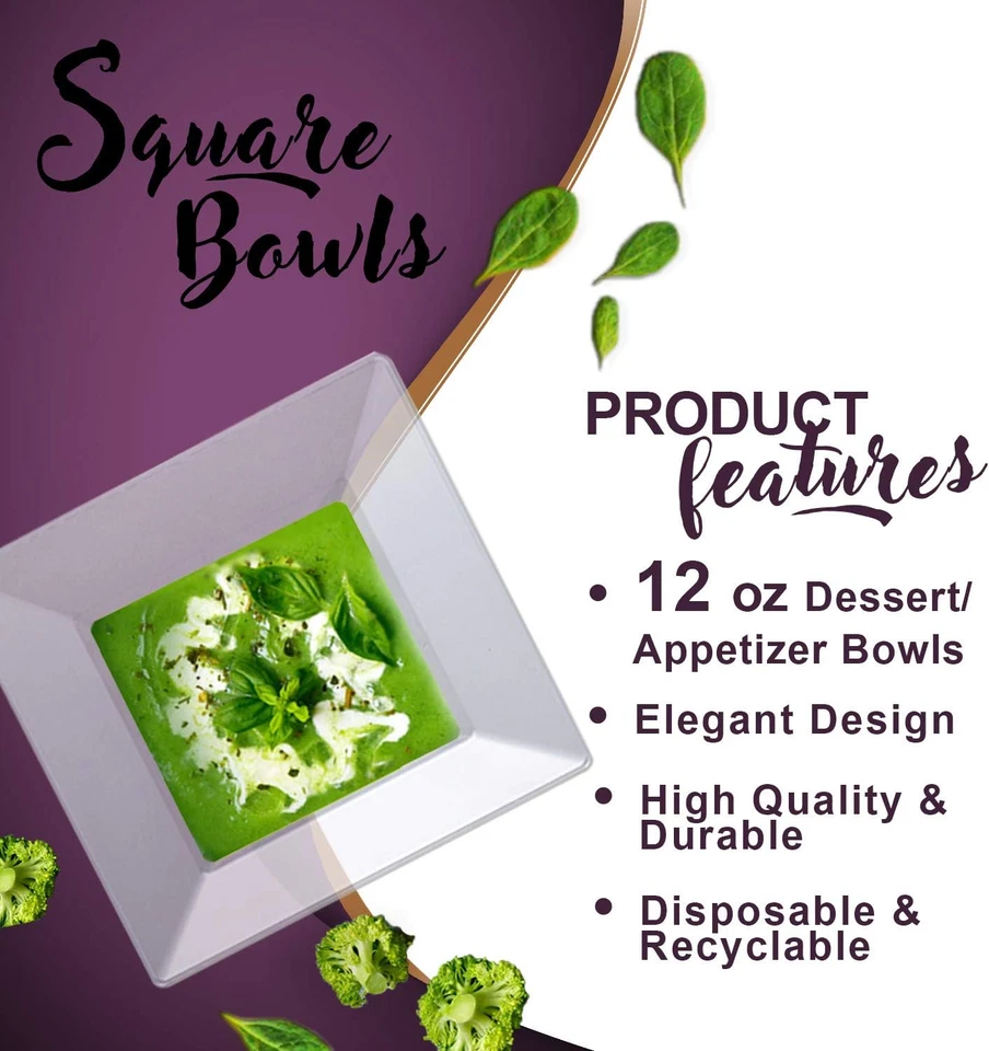 Elegant Disposable Plastic Bowls 120 Pcs - 12 Oz Heavy Duty Fancy Square Clear S - Image 2 of 4