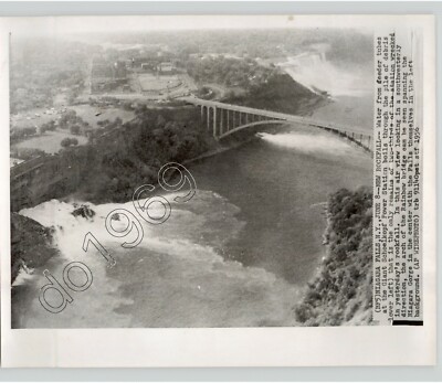 Aerial View NIAGARA FALLS NY & Rainbow Bridge AMAZING Waterfall 1956 Press Photo
