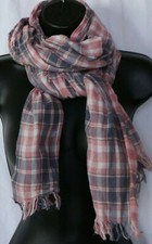 J. CREW Rose/Blue Plaid Fringed/Raw Edged Cotton Scarf 35 X 66 EXC