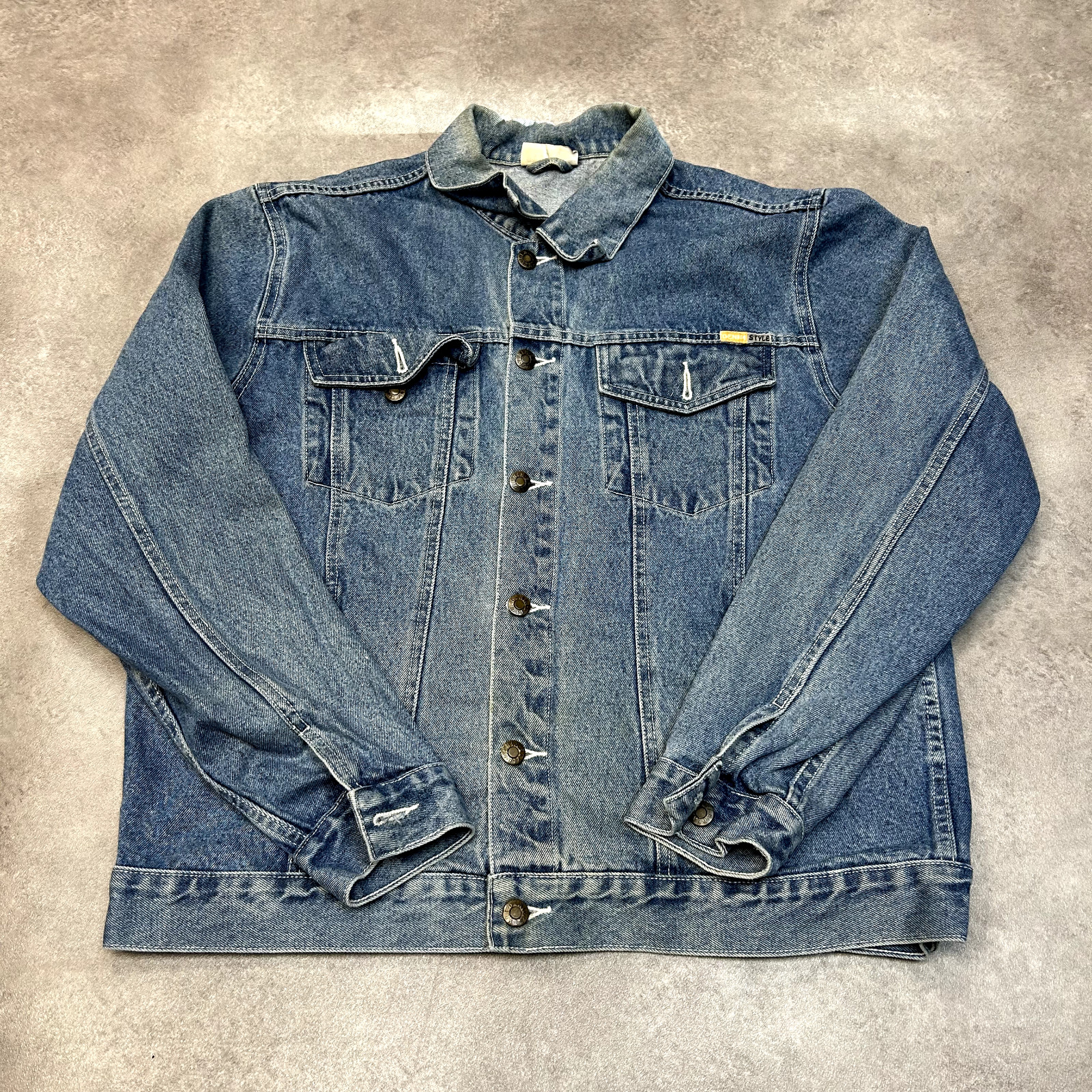 Vintage Denim Jacket Mens Large Vintage Y2K Button Up Biker Coat, Blue