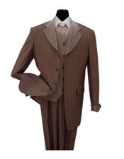 Fortino Landi Men's 3pc Gangster Pinstripe Wool Feel Suit w/ Vest Brown  Black