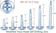 Modified Truss Head 8 x 1/2" to 3" Phillips Self Drilling Screws, Zinc