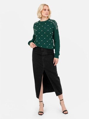 Lovedrobe Pullover mit Perlenverzierung grün Zopfmuster