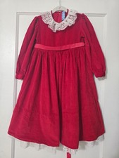 Vintage Red Velvet Party Dress White Lace Trim Girls Handmade Read 