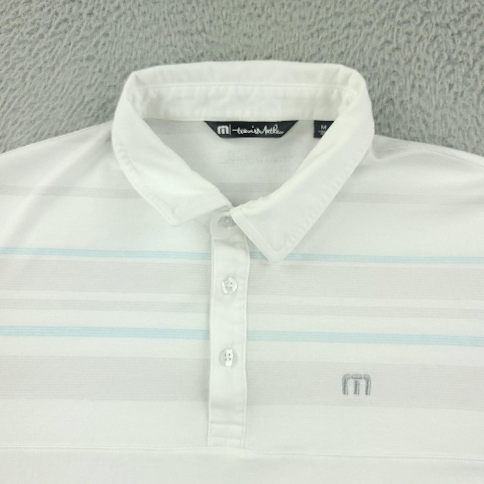 TravisMathew Polo Shirt Mens Medium White Stripe Golf Pima Cotton Performance