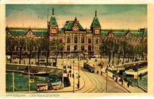 1935 Amsterdam Centraal Station Holland Netherlands Postcard Rail Tram