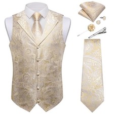 Mens Vest Tie Set 7PCS Silk Paisley Suit Waistcoat and X-Large Champagne