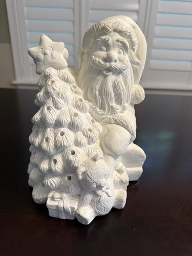 Ready to Paint Christmas Tree w/ Santa, Unfinished Plaster Holiday 8x7x6β Lights