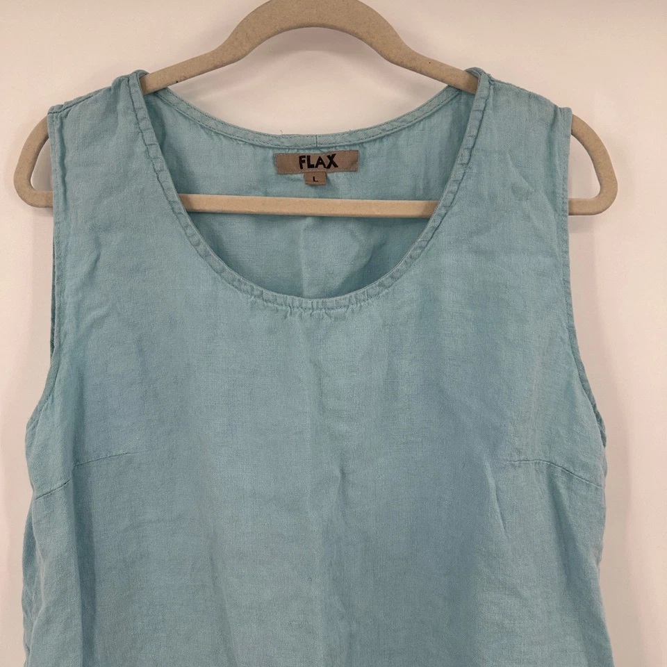 FLAX Women's Blue Linen Ruffle Hem Sleeveless Shift Dress Size L - Image 2 of 4