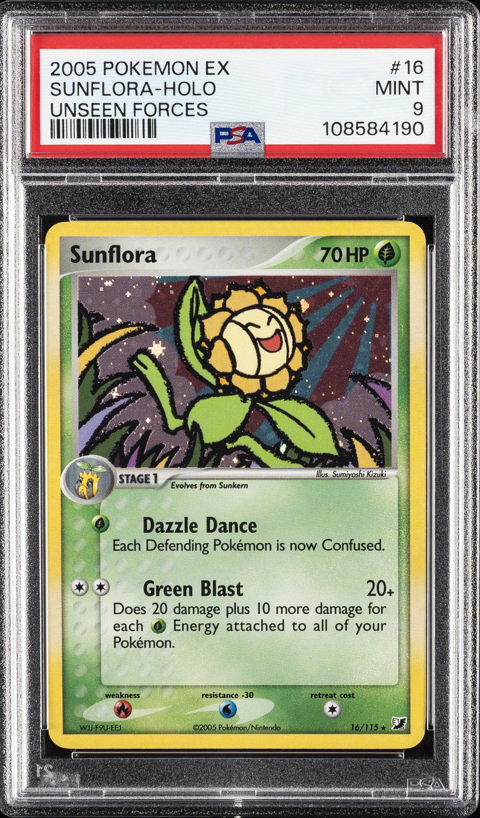 2005 POKEMON EX UNSEEN FORCES #16 SUNFLORA-HOLO PSA 9