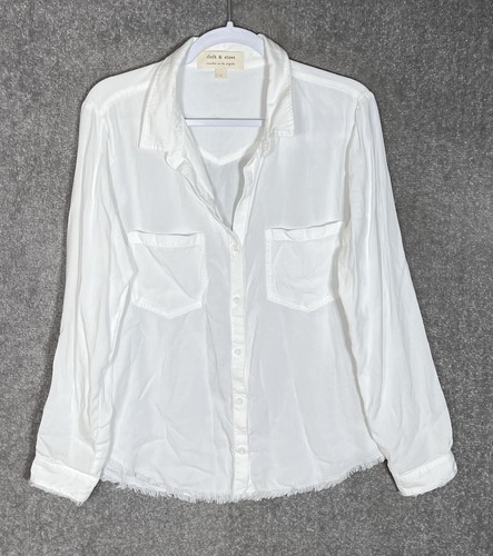 Cloth & Stone Button Up Frayed Edge Top Womens Size L White Pockets Long Sleeve