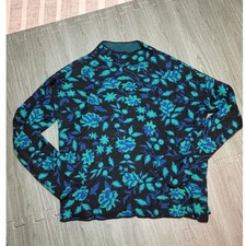 Ann Taylor Womens Small Floral Mock Neck Sweater Teal Blue Black Knit