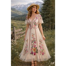 Sundance NWT Garden Soiree Embroidered Sheer Maxi Dress Flutter Sleeve- XXL