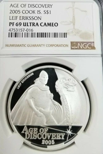 2005 COOK ISLANDS SILVER $1 LEIF ERIKSSON NGC PF 69 ULTRA CAMEO TOP POP