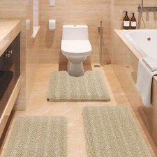 Non Slip Bathroom Rug Set 3 Piece Ultra Soft Chenille Striped Absorbent Mats