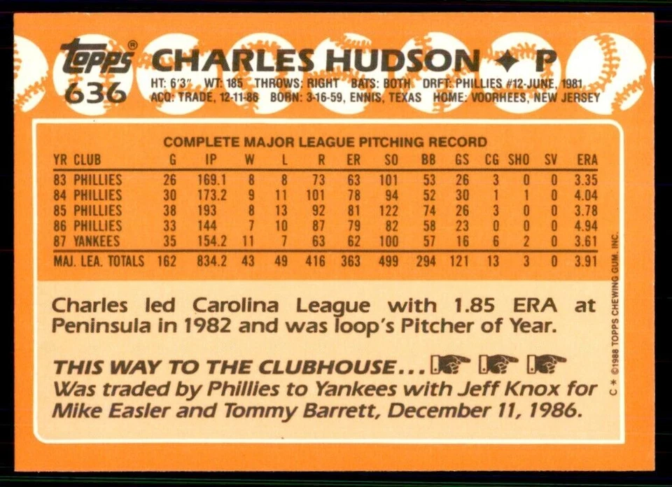 1988 Topps Tiffany Charles Hudson Baseball Cards #636 - Image 2 of 2