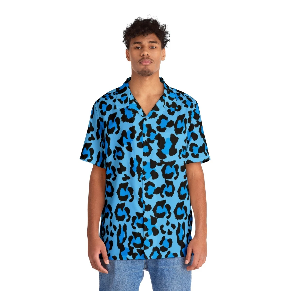 Men's Hawaiian Shirt (AOP) - Leopard Camouflage - Light Blue-Blue